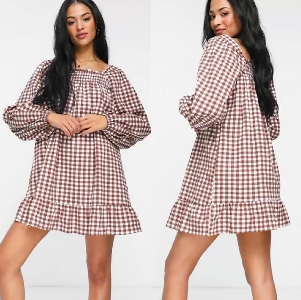 NEW Tall Fit Long Sleeve Gingham Dress with Ruffle Hem, Size 6 UK (US 2)